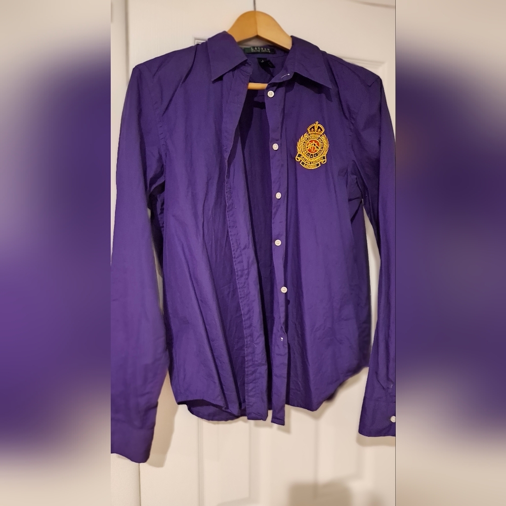 Ralph Lauren Purple Long Sleeve Button Shirt with Gold Embroidery Crest